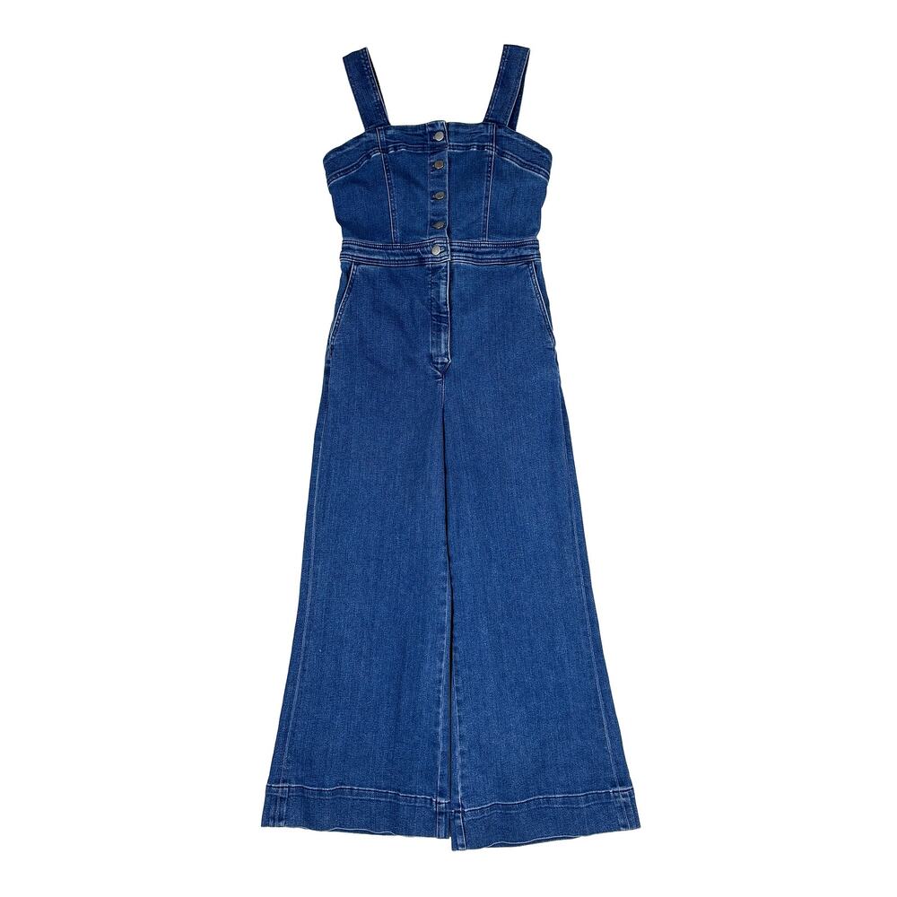 Maeve Colette Portside Button Front Denim Jumpsuit Womens 6 Blue Wide Leg Anthro